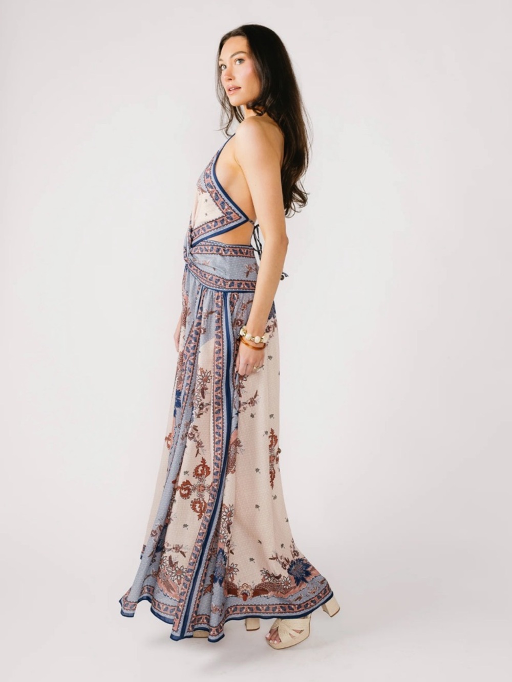 Zimmerman Dupe - Vestique Blue and Cream Halter Asymmetrical Maxi Dress - Picture 2 of 4